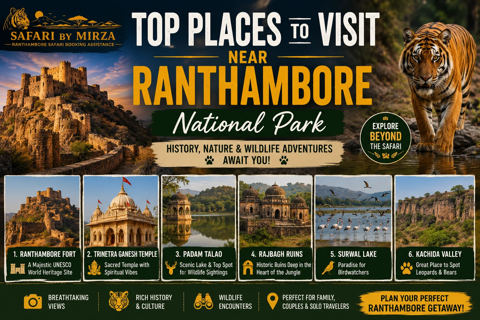 Top tourist attractions near Ranthambore National Park including Ranthambore Fort and Padam Talao